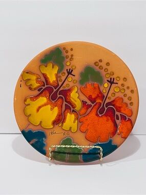 Vintage Clay Pottery Glazed Hand Painted Decorative Plate Signed 9” Diameter
